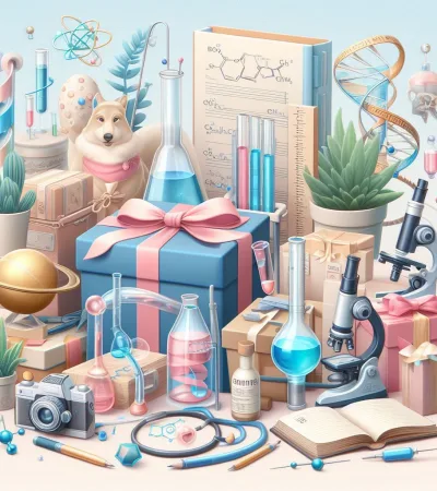 imagen de IA con regalos de ciencias como biología, química, geología...