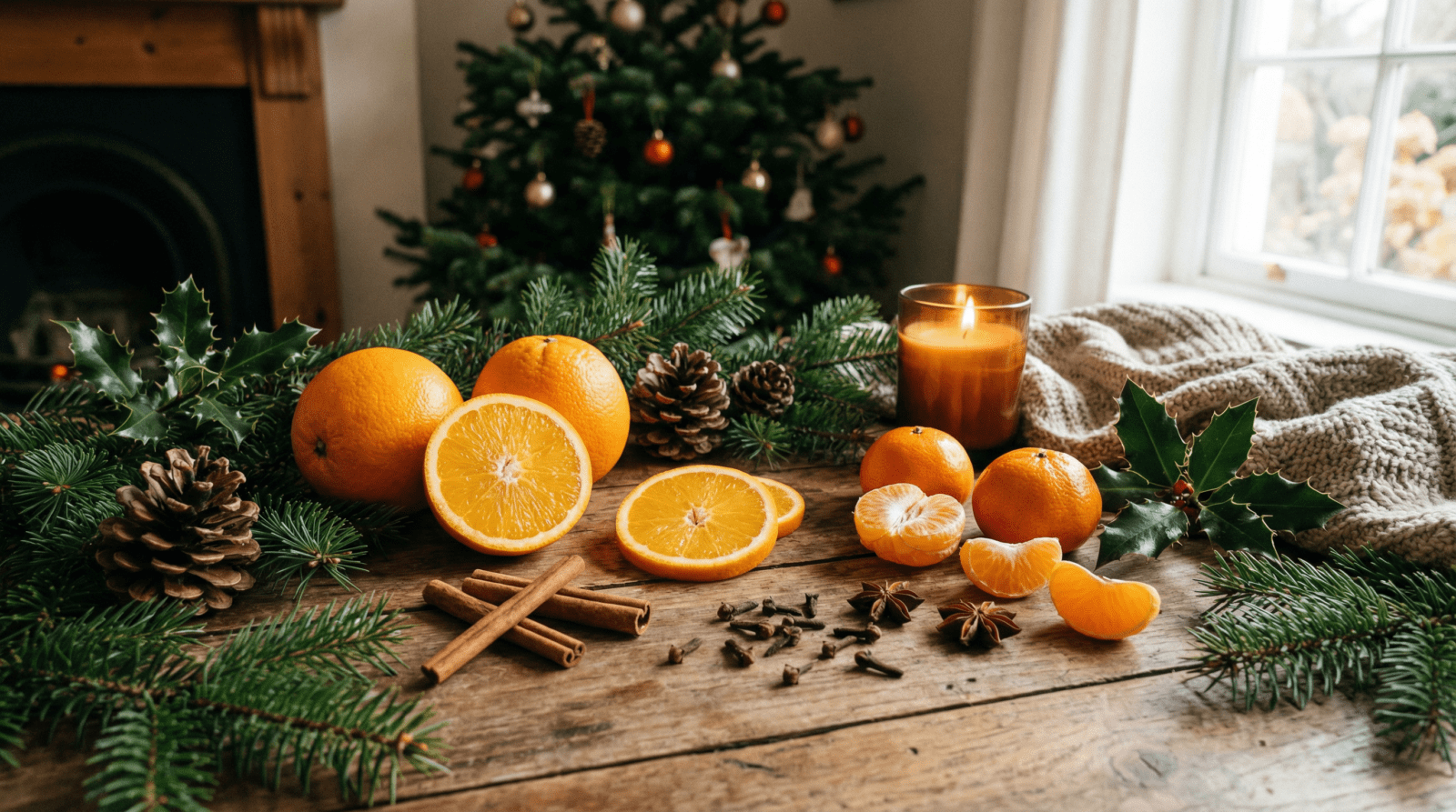 química de los olores de la navidad en la foto hay mandarinas,naranjas, clavo y anís estrellado en un ambiente navideño