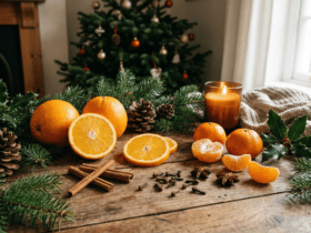 química de los olores de la navidad en la foto hay mandarinas,naranjas, clavo y anís estrellado en un ambiente navideño