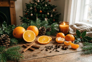 química de los olores de la navidad en la foto hay mandarinas,naranjas, clavo y anís estrellado en un ambiente navideño